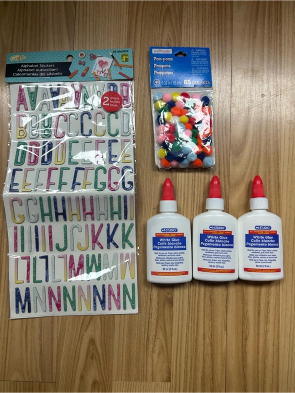 Assorted Color Letter Stickers & Pom-Pom Craft Kit with White Glue